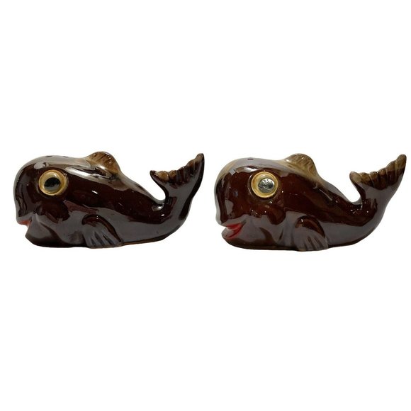 Vintage 1950s Redware Pottery Whales Googly Eyes Japan Brown Drip Salt Pepper - Picture 2 of 11